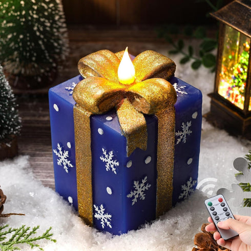 LCZLUMIPRO Christmas Flameless Gift Box Candle Hand-Painted Real Wax LED Candle with Remote