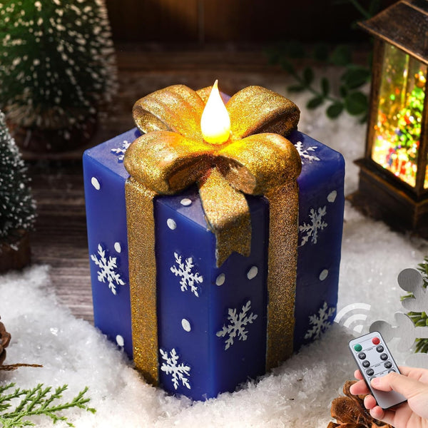 LCZLUMIPRO Christmas Flameless Gift Box Candle Hand-Painted Real Wax LED Candle with Remote