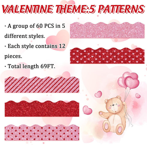 Whaline 69Ft Valentine's Day Glitter Bulletin Board Borders, 5 Designs Red Pink Heart Stripe Dot Decoration