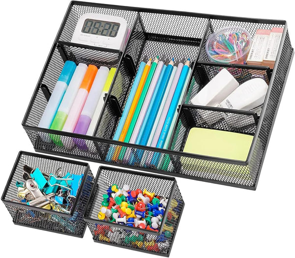 Marbrasse 3 Packs Desk Drawer Organizers - Metal Mesh Dividers with 9 Adjustable Compartments for Desktop