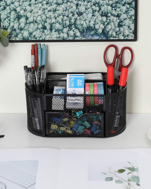 EasyPAG Desk Organizer, Mesh Desktop Caddy with 8 Compartments and 1 Drawer for Office Supplies (Black)
