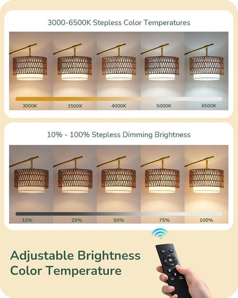 Dimmable Bulb, EDISHINE Rattan Arc Floor Lamp with Remote, Gold Farmhouse Standing Lamps for Living Room, Rattan