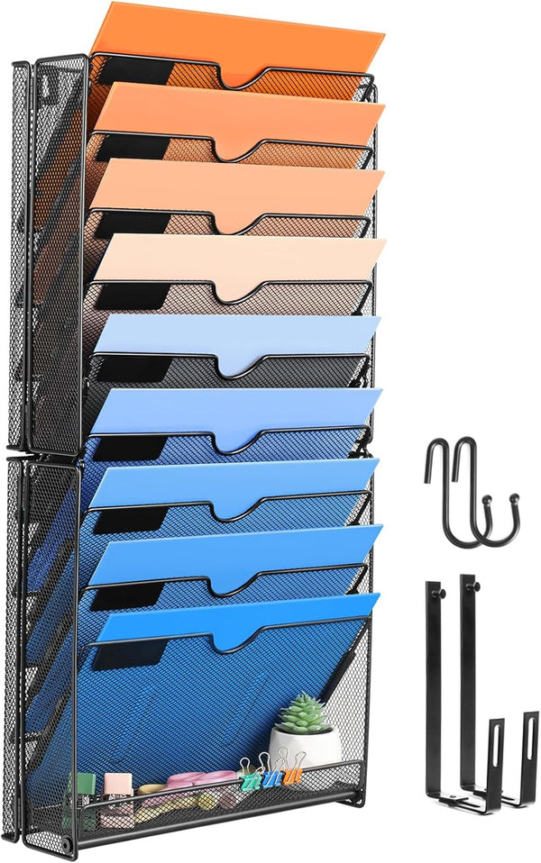 Wall File Organizer, 10 Pockets Mesh Hanging File Organizer, Wall Mount Document Holder for Office School, Black