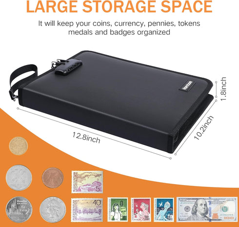 Hontom Album 400 36 Coin Collection for Collectors with Lock, Pockets Fireproof Coin Holder Book & Paper Currency