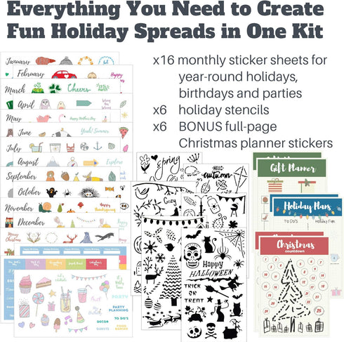 Seasons & Holidays Planner Stickers & Stencils, 22 Sheets Cute Stickers and 6 Stencils for Journals Scrapbooks