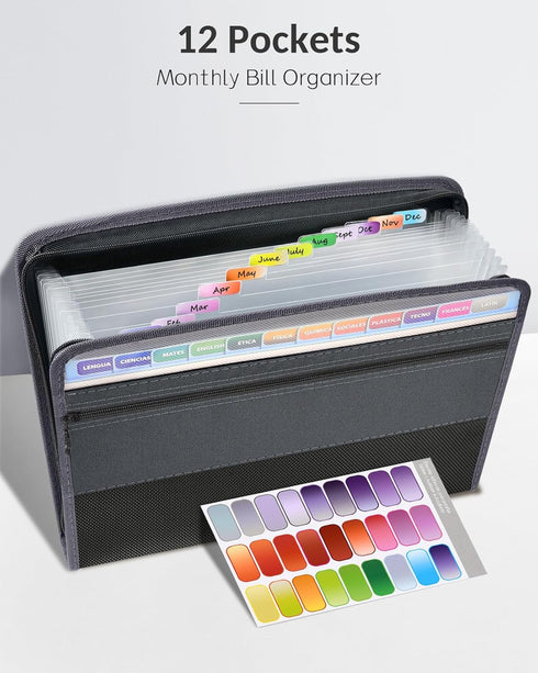Sooez Accordion File Organizer - 12 Pocket Expanding File Folder with Safe Zipper, Pencil Pouch, Portable Monthly