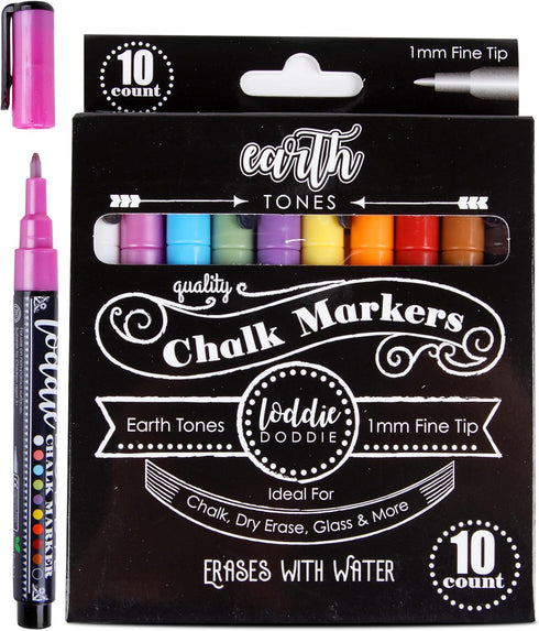 Loddie Doddie Fine Liquid Chalk Markers, 10 Count Erasable, Low-Odor Chalkboard Pens in Earth Tones