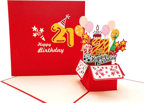iGifts And Cards Happy 21st Red Birthday Party Box - 3D Pop Up Greeting Card for Unique Celebration, Balloons, Gifts