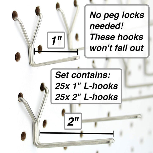 Pegboard Hooks 50-Pack 1" + 2” L Hook - Zinc Plated - Will Not Fall Out - Fits Any Peg Board - Organize Tools, Accessories, Workbench, Garage Storage, Kitchen, Craft or Hobby Supplies, Jewelry