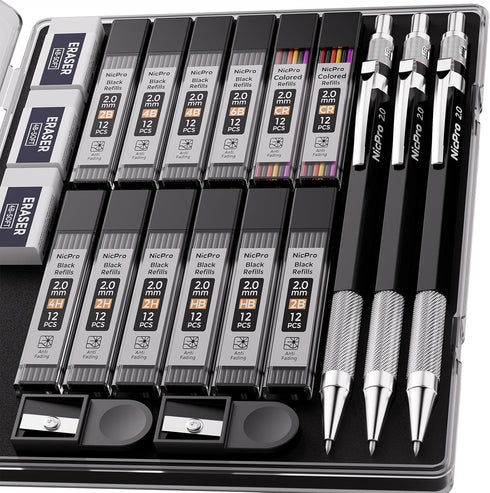 Nicpro 2mm Metal Mechanical Pencil Set with Case, 3PCS Lead Holder 2.0 mm, 144PCS Lead Refills, Eraser, Sharpener