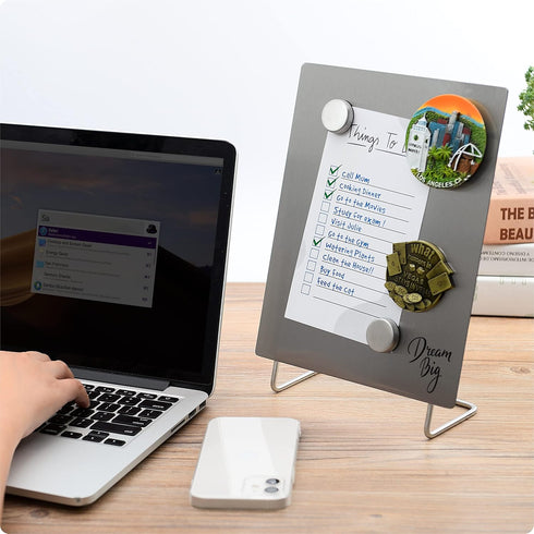 Magnetic Bulletin Board with Stand – Small Dry Erase Memo Board – Tabletop Metal Easel for Magnet Display
