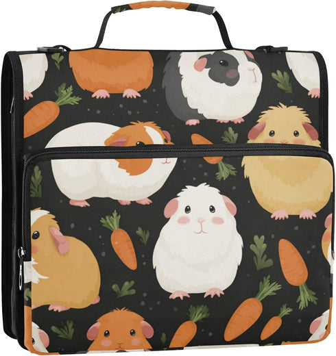 Fisyme 3 Cute Guinea Pigs Carrot Zipper Binder Ring with Zipper and Shoulder Strap Large Capacity Multi-Pocket Binder