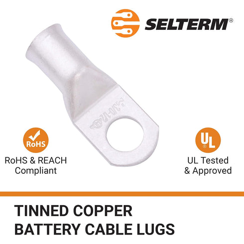 SELTERM 10pcs 3/0 AWG-1/2" Stud Tinned Copper Wire Lugs, Heavy Duty Battery Cable Ends, UL Marine Grade Copper