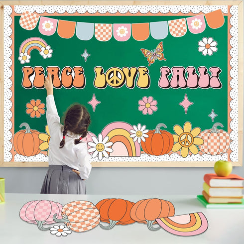 Groovy Fall Pumpkin Bulletin Board Set, Autumn Thanksgiving Decorations, Peace Love Paper Cutouts for Classroom Decor