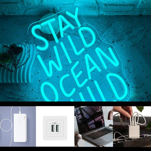 Dimmable Gift(10.2 13in) Stay Wild Ocean Child Neon Sign, LED Kids Room Neon Light, Boho Surf Wall Art Kids Ocean Surf
