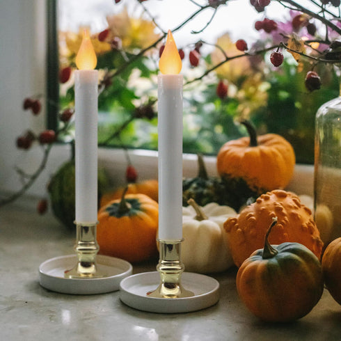 Pack 2 5/19 FURORA LIGHTING LED White Taper Candles with Gold Holders of with Timer, Elegant Flameless Glow for Home