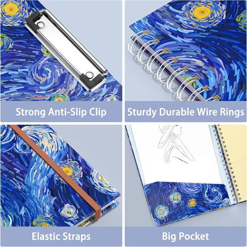 Rimilak Spiral Clipboard Folio with Refillable Lined Notepad, 14.5 x 9.8 Inch, Starry Sky Design