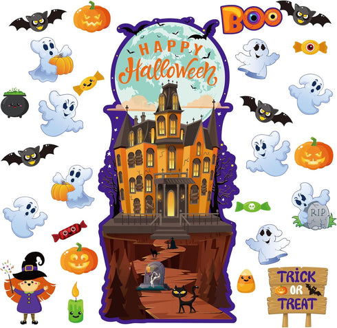Halloween Classroom Bulletin Board Decorations - Cutouts Trick or Treat Pumpkin, Bat, Witch, Ghost, Castle