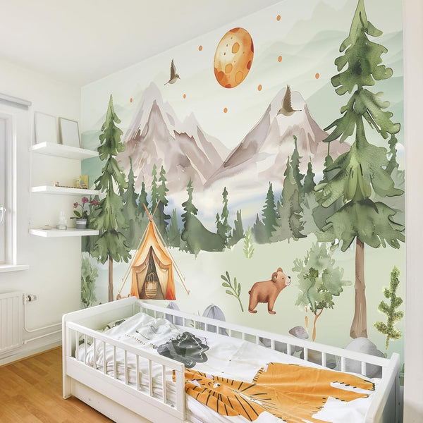 AM AMAONM 63x89.8inch Large Watercolor Mountain Landscape and Forest Pine Tree Wallpaper