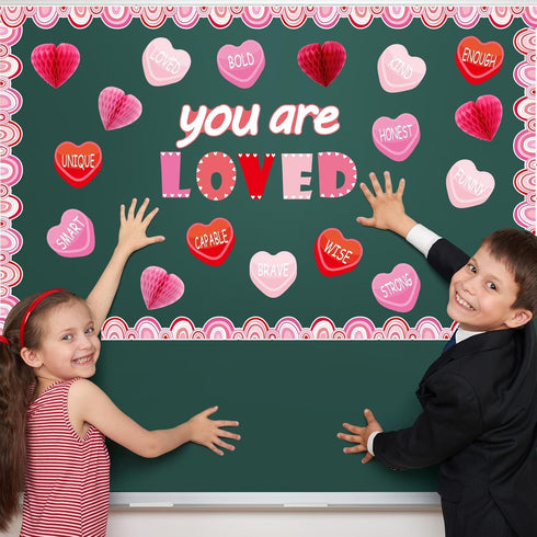 TaoBary Valentine's Day Bulletin Board Set 85 Pcs 3D Heart Honeycomb Owl Love Truck Cutouts