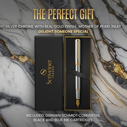 Scriveiner Silver Chrome Fountain Pen - Stunning Luxury Pen with Real Gold Finish, Schmidt Gilded Nib (Fine), Best Gift