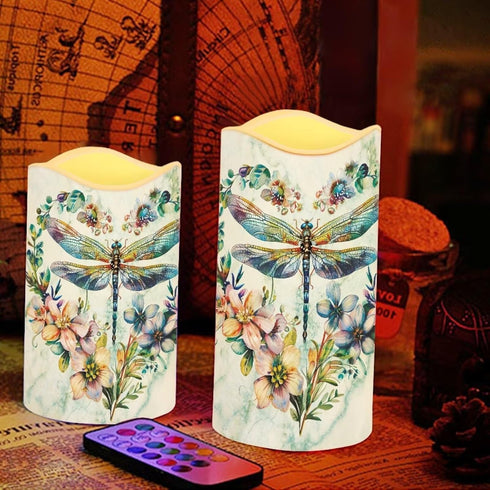 Set 4 Dragonfly Floral Flameless Candles with Remote Timer Flickering LED Pillar Candles Color Changing of Battery
