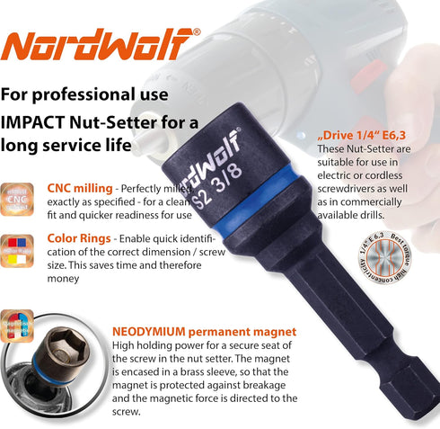 5-Piece SAE Nut Driver Set, Impact Magnetic Nut Setters, S2 Steel, Imperial Sizes 1/4"-1/2"