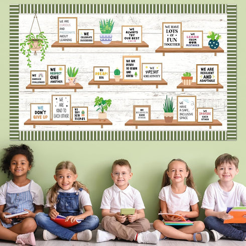 Set Motivational Bookshelf Bulletin Board Greenery Back to School Classroom Decoration Potted Plant Eucalyptus Paper