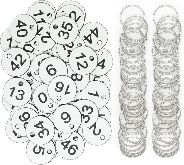 Plastic ID Number Tags with Key Rings (1-50, White) for Organizing Keys