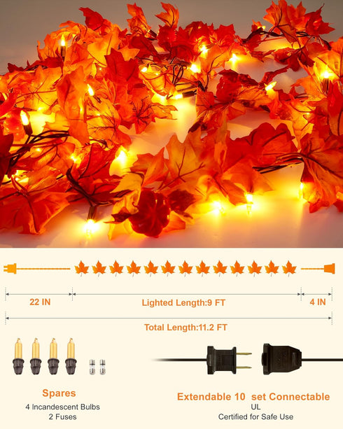 11FT 50 Bulbs VCOKEN Fall Garland With Lights - Connectable Maple Leaves With Pumpkin, Plug-in Decor for Outdoor Indoor