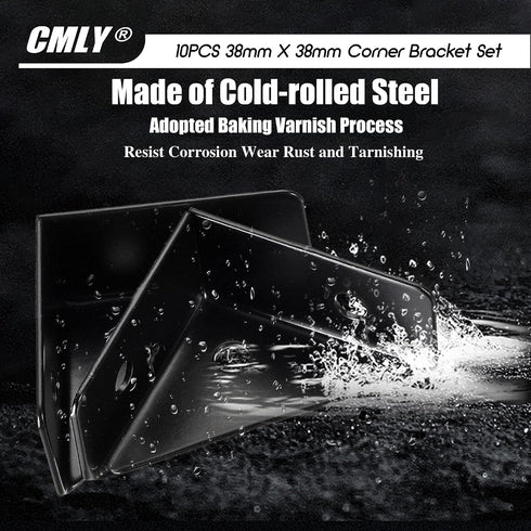 CMLY 10Pcs 38mm 38mm, Corner Brackets, x Black Steel, Triangle Shelf Brackets, Corner Desk Connectors for Wood, Metal