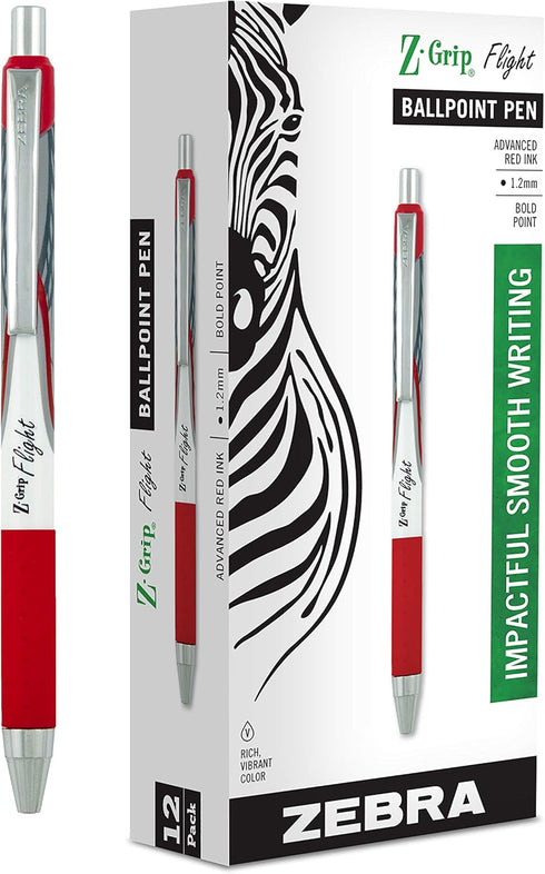 Zebra Pen Z-Grip Flight Retractable Ballpoint Pen, Bold Point 1.2mm, Red Ink, 12-Count