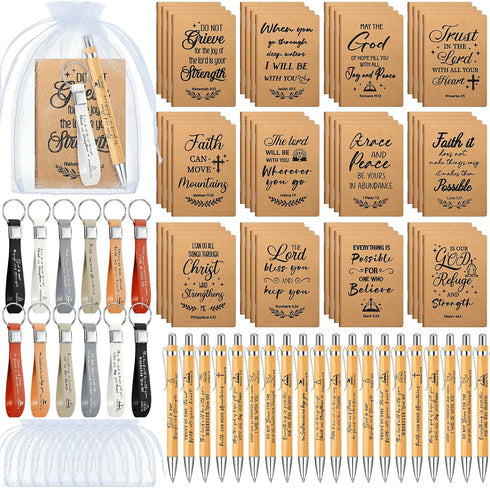 Spakon 192 Pcs/48 Set Christian Gifts Bulk Bible Verse Bamboo Pens Prayer Pocket Notebooks Christian Keychains with