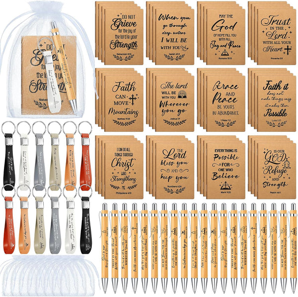 Spakon 192 Pcs/48 Set Christian Gifts Bulk Bible Verse Bamboo Pens Prayer Pocket Notebooks Christian Keychains with