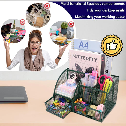 Mesh Desk Organizer with 6 Compartments and 1 Drawer, Multi-Functional Caddy Pen Holder for Home Office School Decor