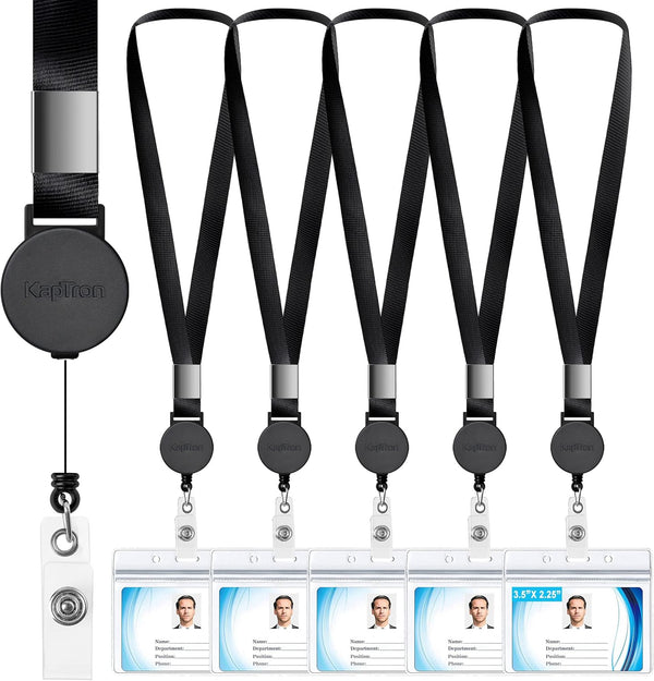 Polyester ID Lanyard, 5 Pack, 20 Inch Flat Lanyard with Retractable Badge Reel and Horizontal Name Badge Holder