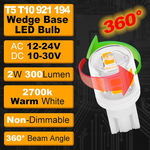Low Voltage T5 T10 LED Bulbs 2 Watt Equivalent 11W 18W Warm White 2700K 300 Lumen AC/DC 12-24V 921 194 Wedge Base LED Bulb for Outdoor Landscape Walkway Lawn Path Step RV Camper Lights, 10 Pack by Hylroe