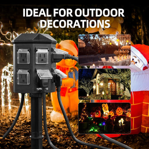 Tiffcofio 100FT 6FT 6 Outdoor Power Stake Timer, Remote Control, Dusk to Dawn Christmas Light Timer, Extension Cord