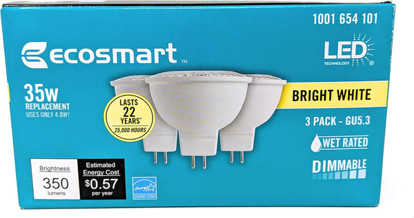 Ecosmart 35W Equivalent Bright White MR16 GU5.3 Dimmable LED Light Bulb, 3-Pack