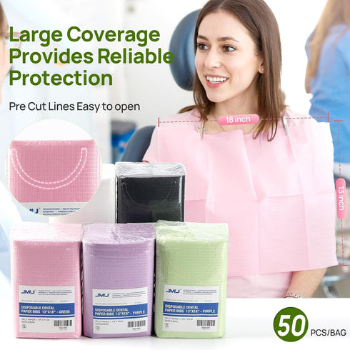 50 3-Ply 13" 18" JMU Pieces Dental Bibs, Disposable Dental Bibs Waterproof Patient Bibs Tray Covers x Green