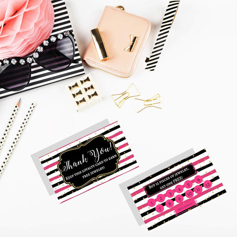 Jewelry Loyalty Cards | 50 Pack Thank You Notes | Black and Pink Stripe with Gold Dots | 5 Bling Buy 12 Get One Free