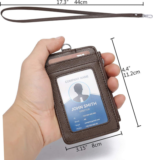 ID Badge Holder with Neck Lanyard - PU Leather Wallet Case with 1 ID Window, 4 Card Slots (Coffee)