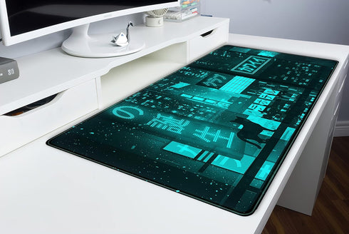 Extended Neon Tokyo Anime Cat Desk Mat, 31.5" x 15.7" Large Mouse Pad, Cool Stitched Edges for Gamers