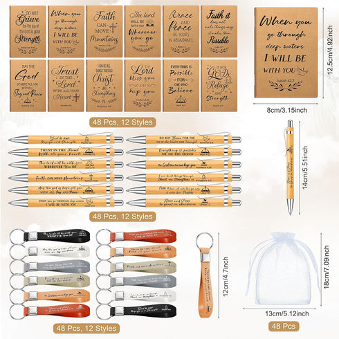 Spakon 192 Pcs/48 Set Christian Gifts Bulk Bible Verse Bamboo Pens Prayer Pocket Notebooks Christian Keychains with