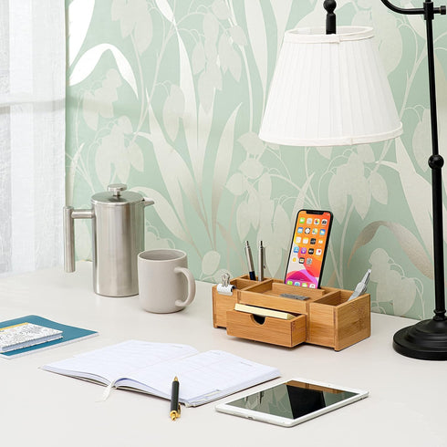 Bamboo Desk Organizer - Durable Wood with Drawers, Storage Compartments, Pen Holder, Phone Holder for Office