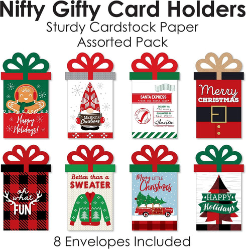 Set 8 Big Dot of Happiness Assorted Red and Green Holiday Cards, Christmas Money and Gift Card Sleeves, Nifty Gifty