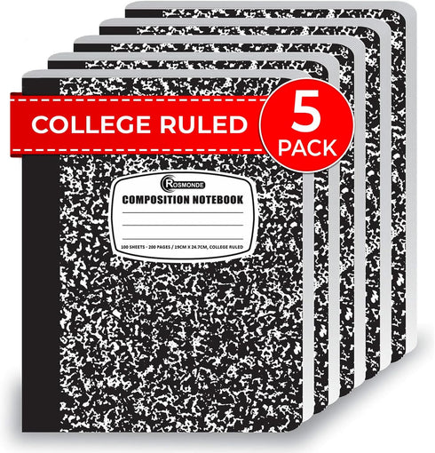 College Ruled Composition Notebooks, 5 Pack, 200 Pages (100 Sheets), 9-3/4" x 7-1/2", White & Black Marble, Hard Cover