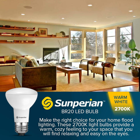 SUNPERIAN 6 Pack BR20 LED Bulb, 6W=50W, 2700K Warm White, 550 Lumens, Dimmable Flood Light Bulbs for Recessed Cans, Enclosed Fixture Rated, Damp Rated, UL Listed, E26 Standard Base by SUNPERIAN