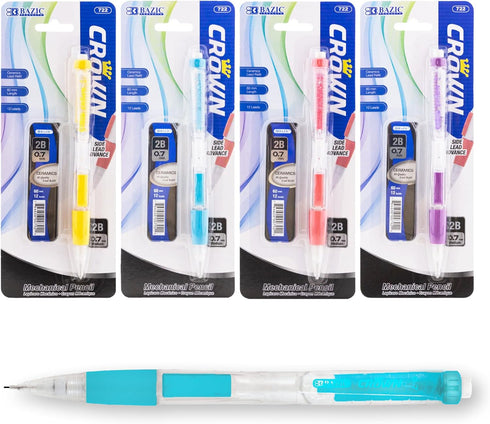 BAZIC Crown 0.7mm Mechanical Pencil w/Ceramic Lead Refills, Colorful Comfort Grip Latex Free Eraser Pencils for Writing School Office, 4-Packs by BAZIC Products