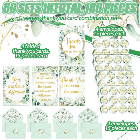 LemonSecret 60 Set 4 6 Inch 4 Greenery Thank You Card with Envelope Sticker x Design Luxurious Gold Employee